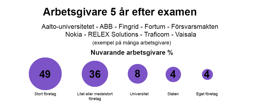 Infografik: 5 år efter examen, 49 % i stora företag, 36 % i små/medelstora, 8 % vid universitet, 4 % stat, 4 % egna.