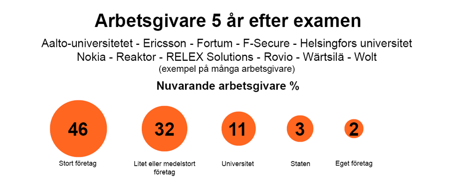 Infografik: arbetsgivare 5 år efter examen, sektorer och procent i orange cirklar mot vit bakgrund.