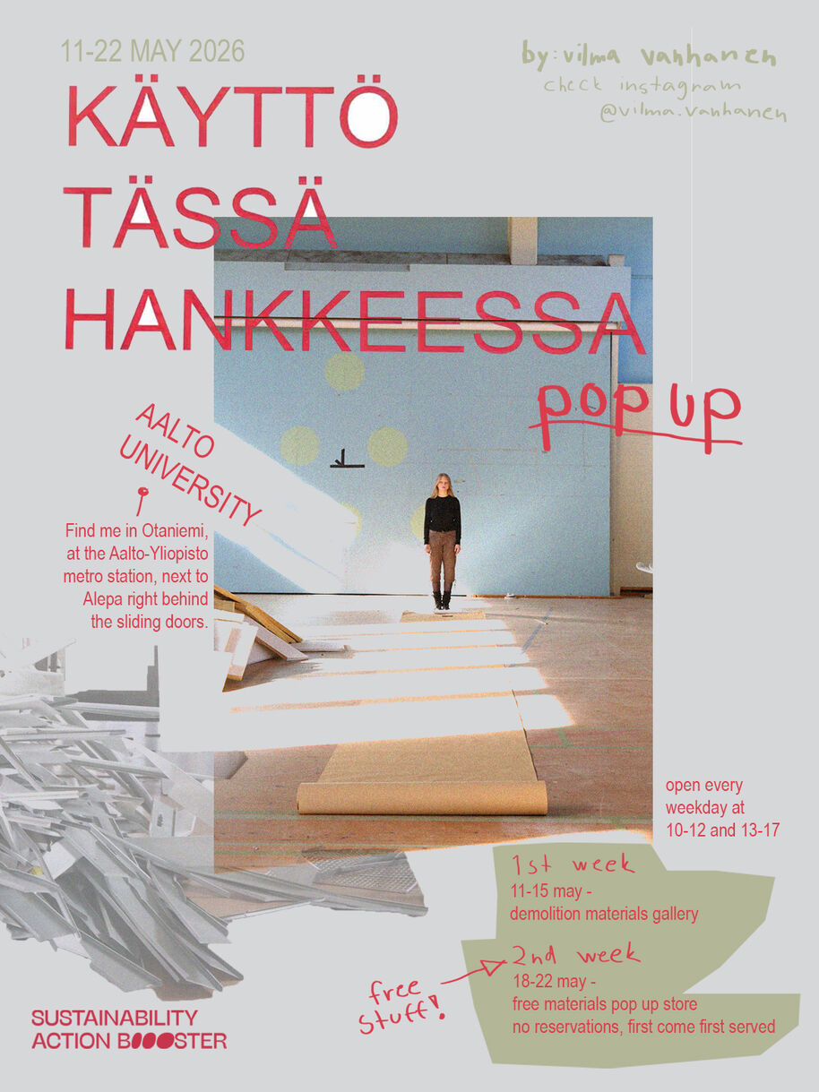 Poster for a May 2026 Aalto University pop-up on reuse, with a person standing in a pale blue studio.