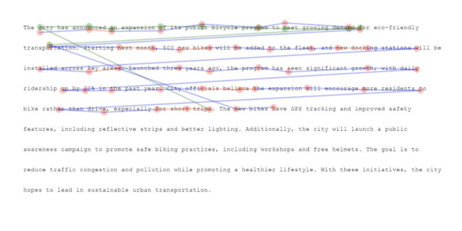 Typed paragraph with many words crossed out in red and marked with green, blue and purple editing lines