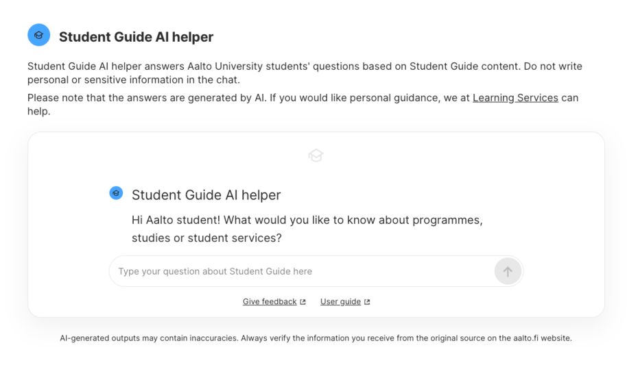 Screenshot of Aalto Student Guide AI helper interface.