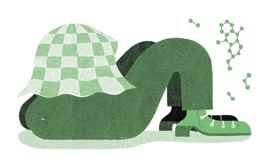 Green stylised person hiding under chequered cloth, knees up, boots on, with floating dot molecules beside