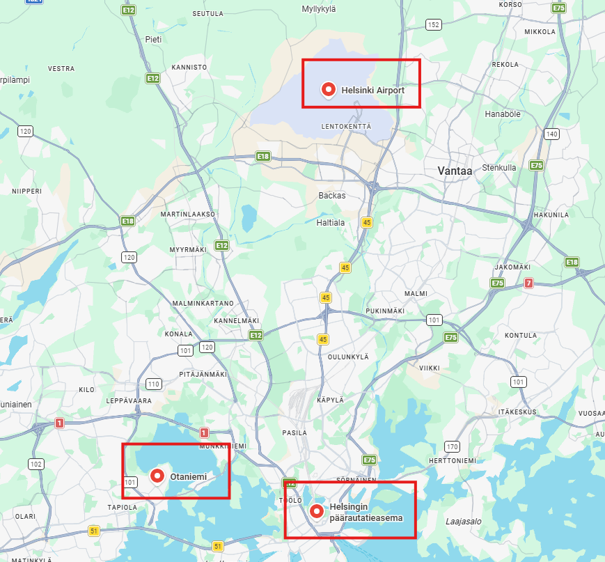 Map of Helsinki region with red boxes around Helsinki Airport, Otaniemi and Helsinki Central railway station.