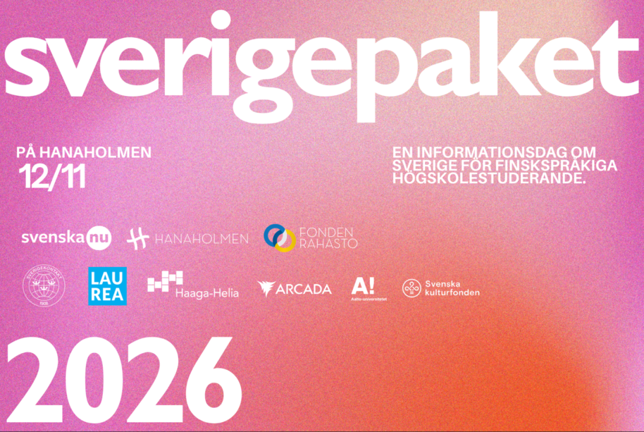Affisch för infodagen ”Sverigepaket” 12/11 2026 på Hanaholmen, rosa‑orange bakgrund och partnerlogotyper.