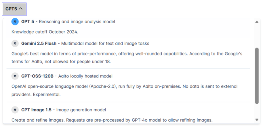 Web page showing a white list of AI models under a highlighted GPT5 tab in a grey interface
