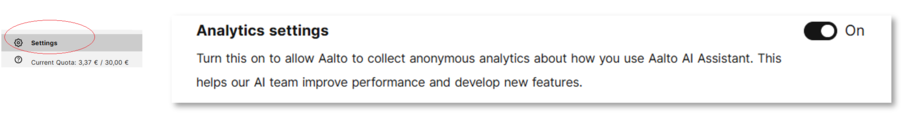 Analytics settings panel with a black toggle switched on and text about anonymous Aalto AI usage data.