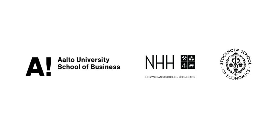 Black logos of Aalto University, NHH and Stockholm School of Economics on white background