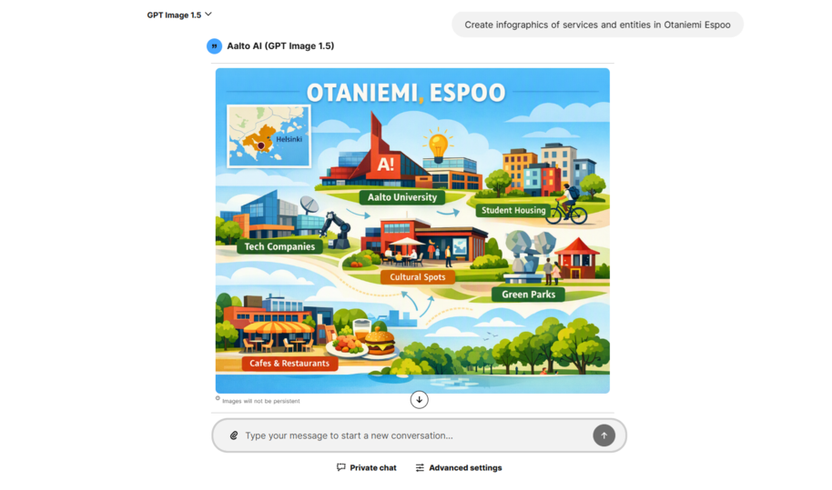 Colourful infographic map of Otaniemi, Espoo with Aalto University, housing, tech firms, parks and cafés.