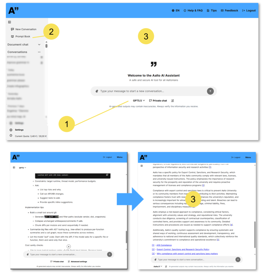 Aalto AI chat interface screenshots with numbered highlights showing input, sidebar and document view steps.