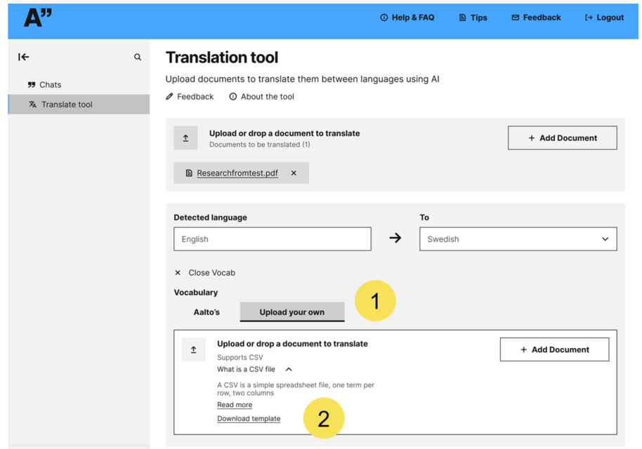 Web translation tool interface showing English to Swedish document upload and vocabulary options