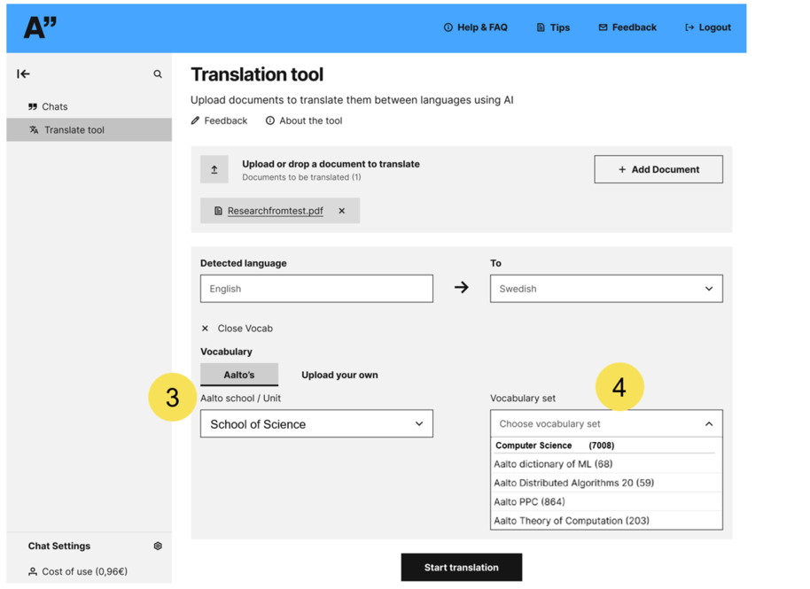 User interface of an online translation tool showing English to Swedish with a PDF and vocabulary options.