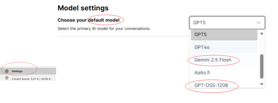 Screenshot of AI model settings with dropdown listing GPT5, GPT4o, Gemini 2.5 Flash and GPT-OSS-120B.