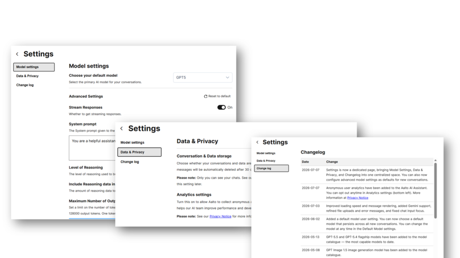 Three overlapping white Settings screens showing model, data privacy and changelog options on a light background