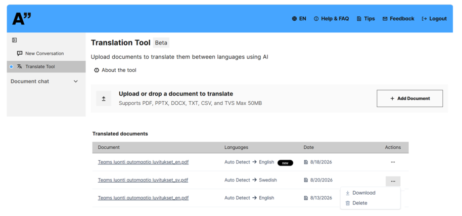 Web translation dashboard showing uploaded PDF documents, detected languages, dates and action menu on a white page