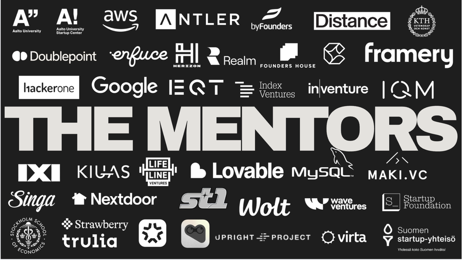 Black and grey poster titled THE MENTORS, filled with various company logos and names in white text