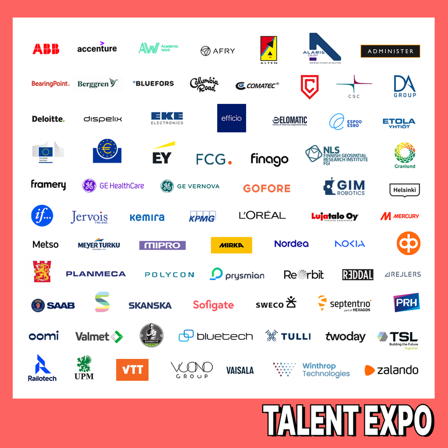 Poster with many company logos on white, framed by red border, with text TALENT EXPO at bottom