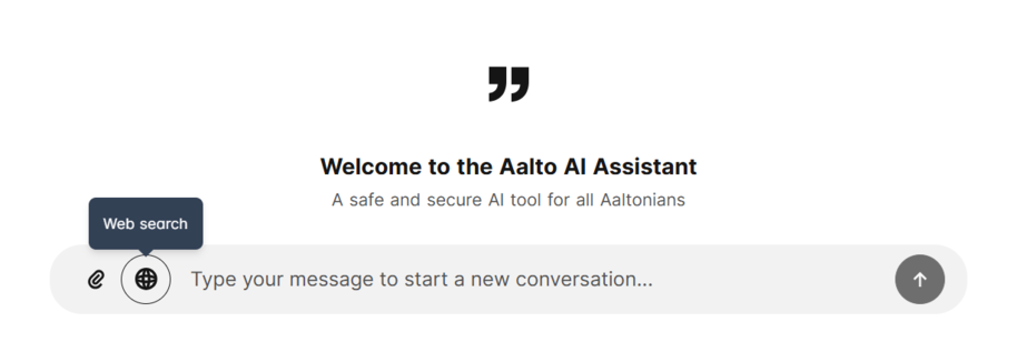 Aalto AI Assistant -tervetulonäkymä, lainausmerkki ja harmaa viestikenttä Web-hakupainikkeella