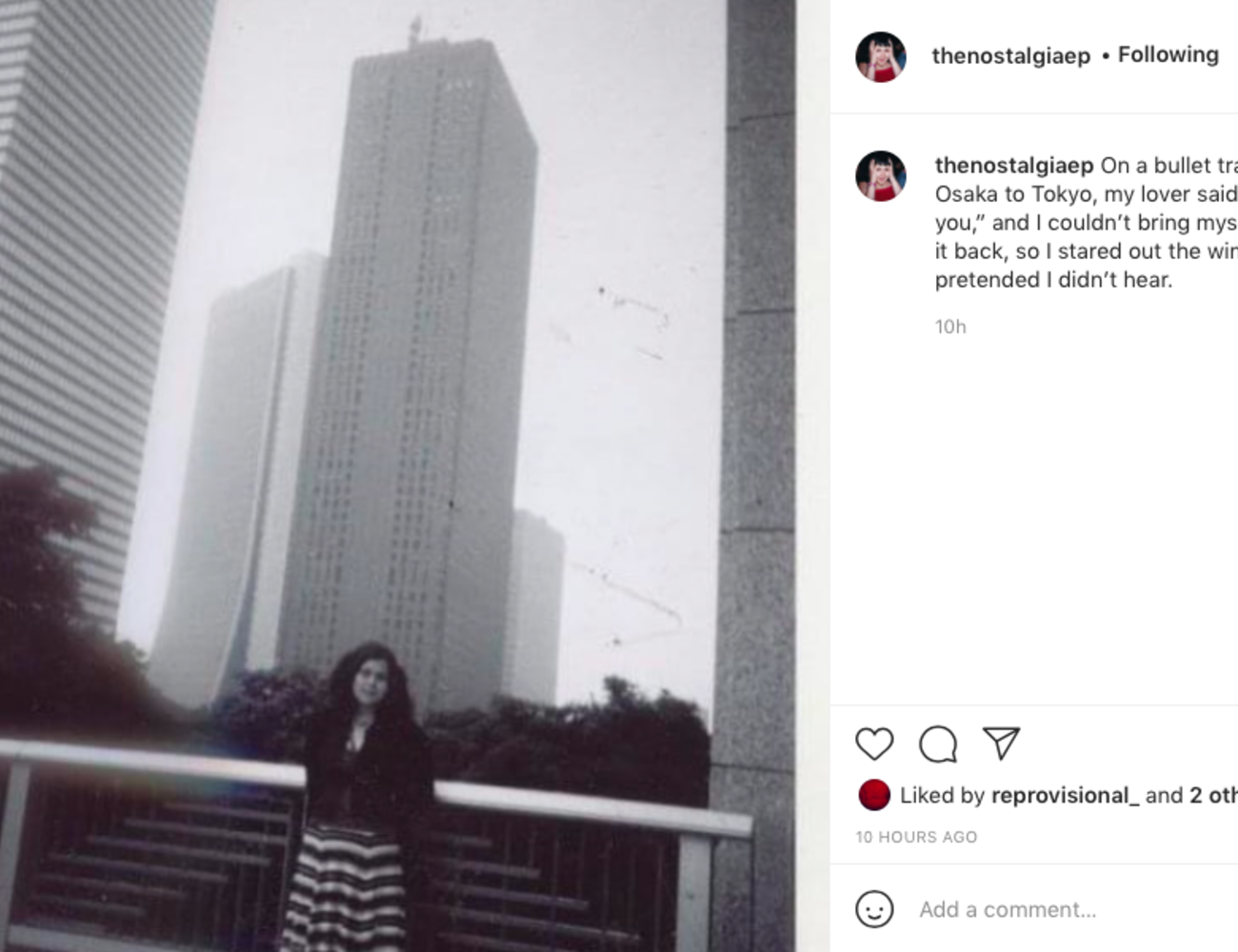 Screenshot of an instagram post from The Nostalgia EP account. The artist is photographed visiting Japan