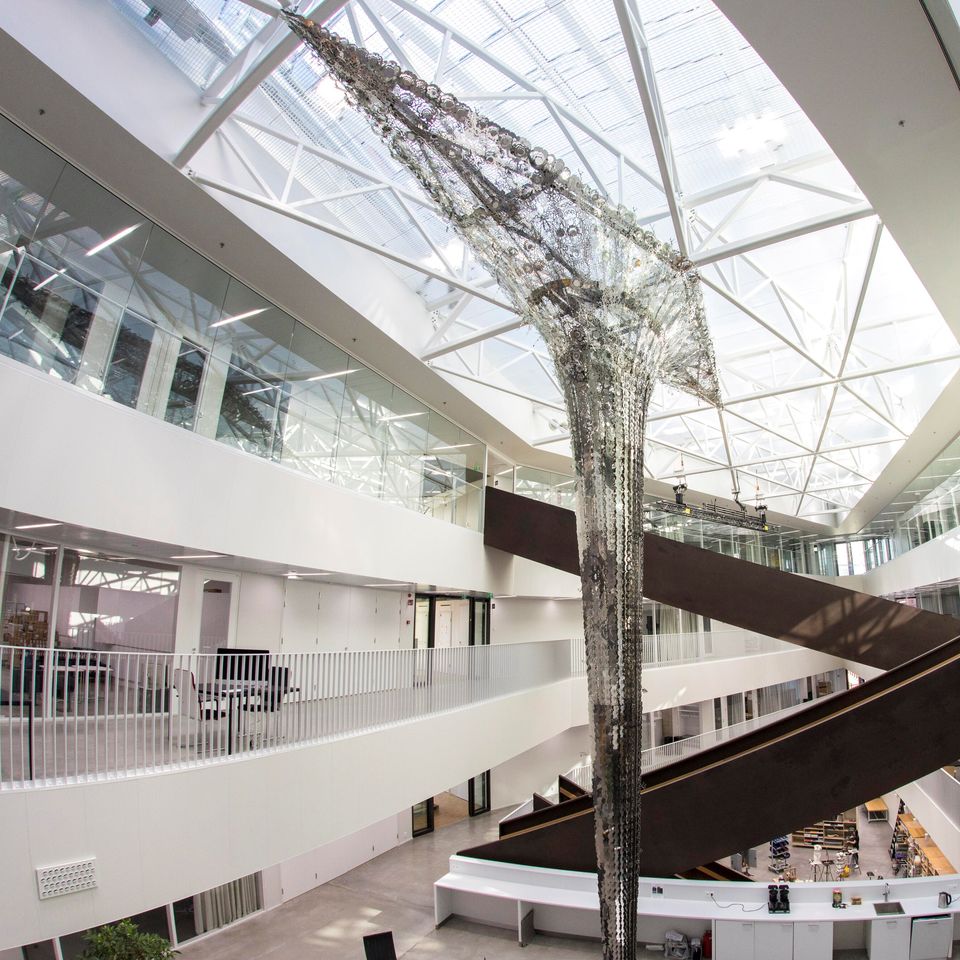 In the centre of the image is LUMEN, a sculpture by Kirsi Kaulanen, in Väre building during daytime
