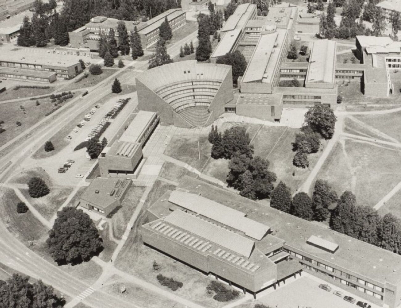 Aerial view, Archive photo in black and white of the Otaniemi campus in 1966