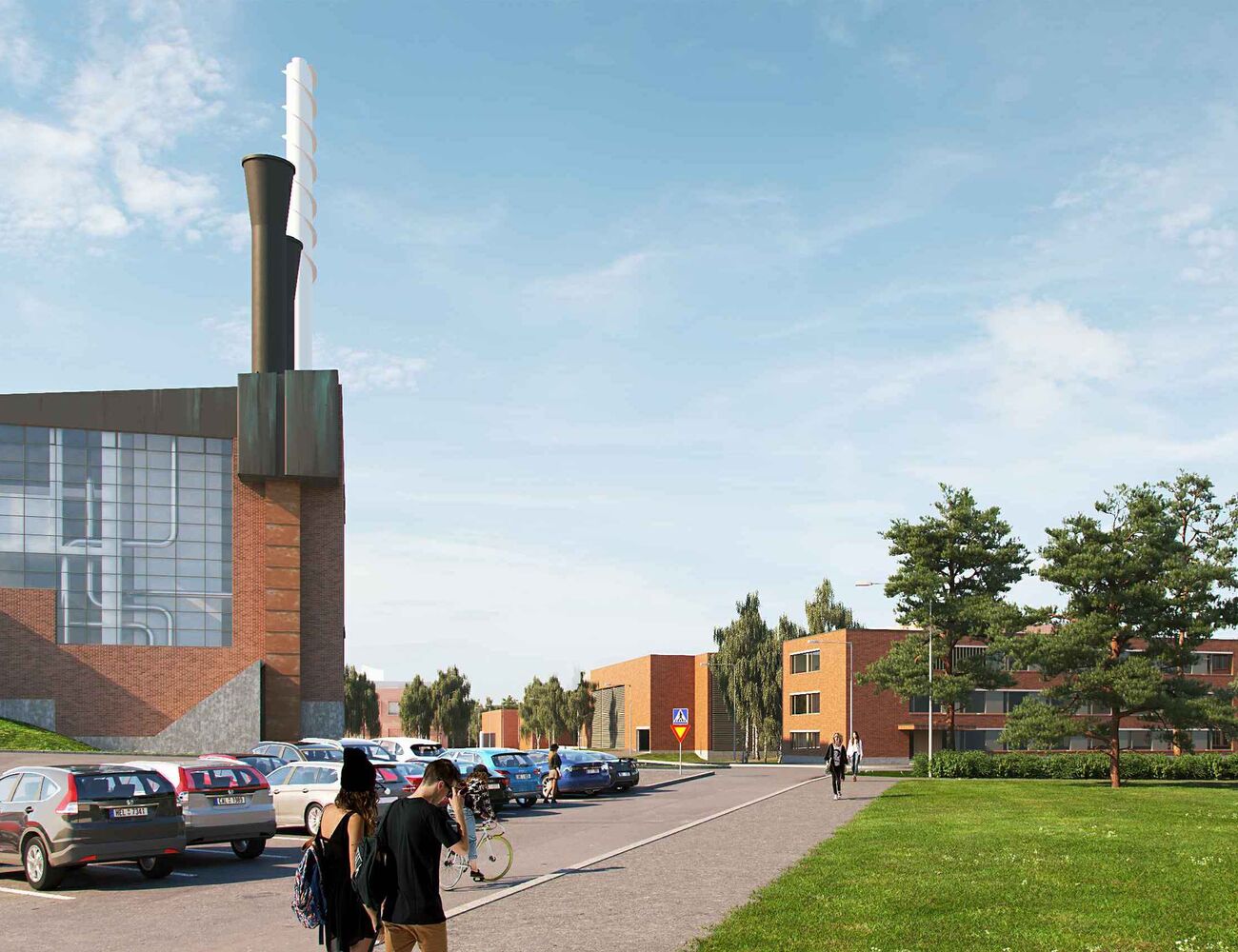 Illustration image of Aalto Works block, parking area in front of the power plant on the left, with trees, forest and red brick buildings on the right