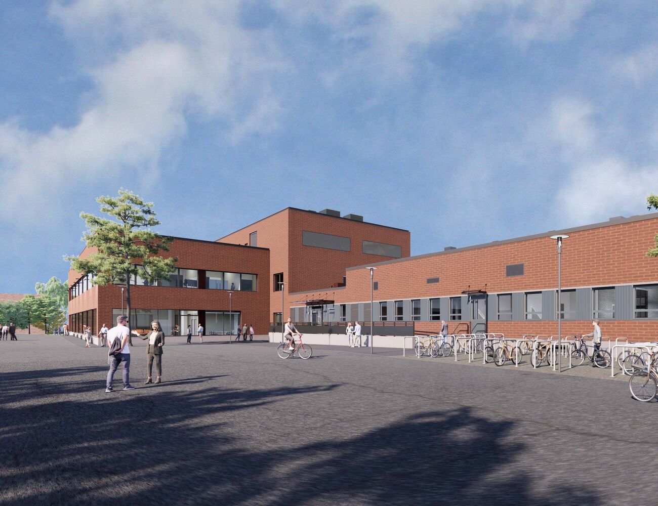Illustration image of Aalto Works K3 building facade on a sunny day, people passing by the red brick building