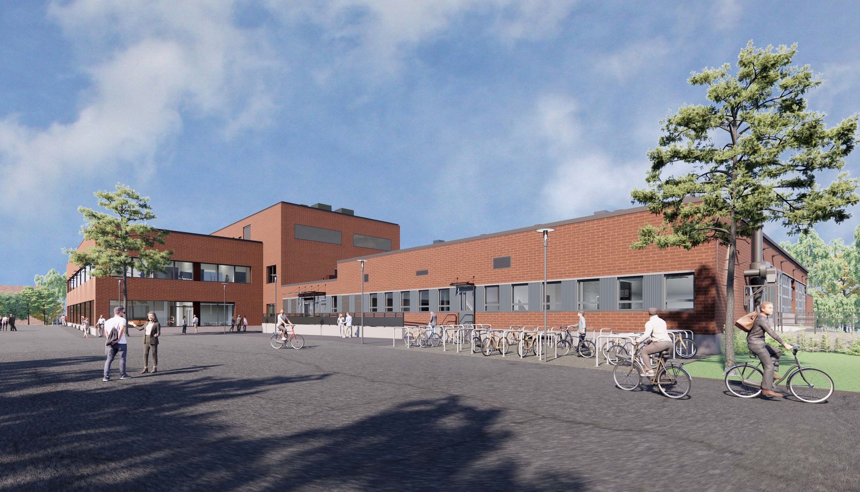 Illustration image of Aalto Works K3 building facade on a sunny day, people passing by the red brick building