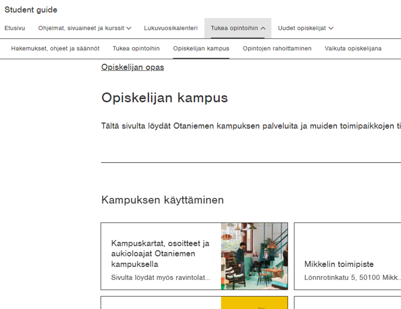 Opiskelijan opas, opiskelijan kampus -välilehti