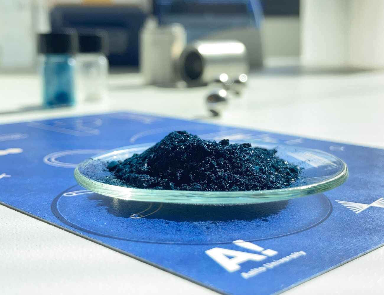 Photo of a blue pigment made by solid-state synthesis