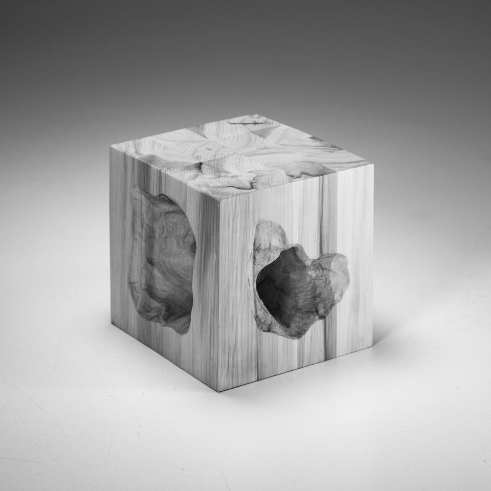 wooden cube with organically shaped carved void