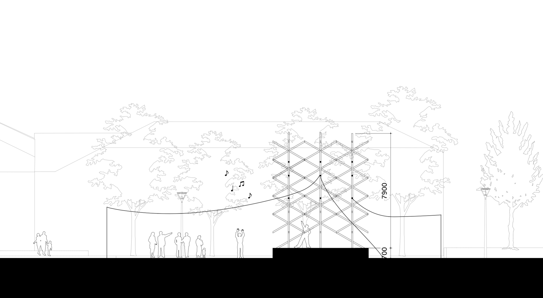 Elevation drawing of the Lumilyhty proposal, showing an open structure with fabric hanging roof.