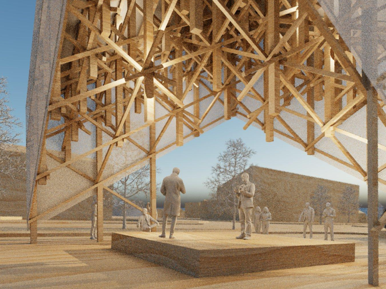 Image of Kide from up close looking upwards into the timber structure.