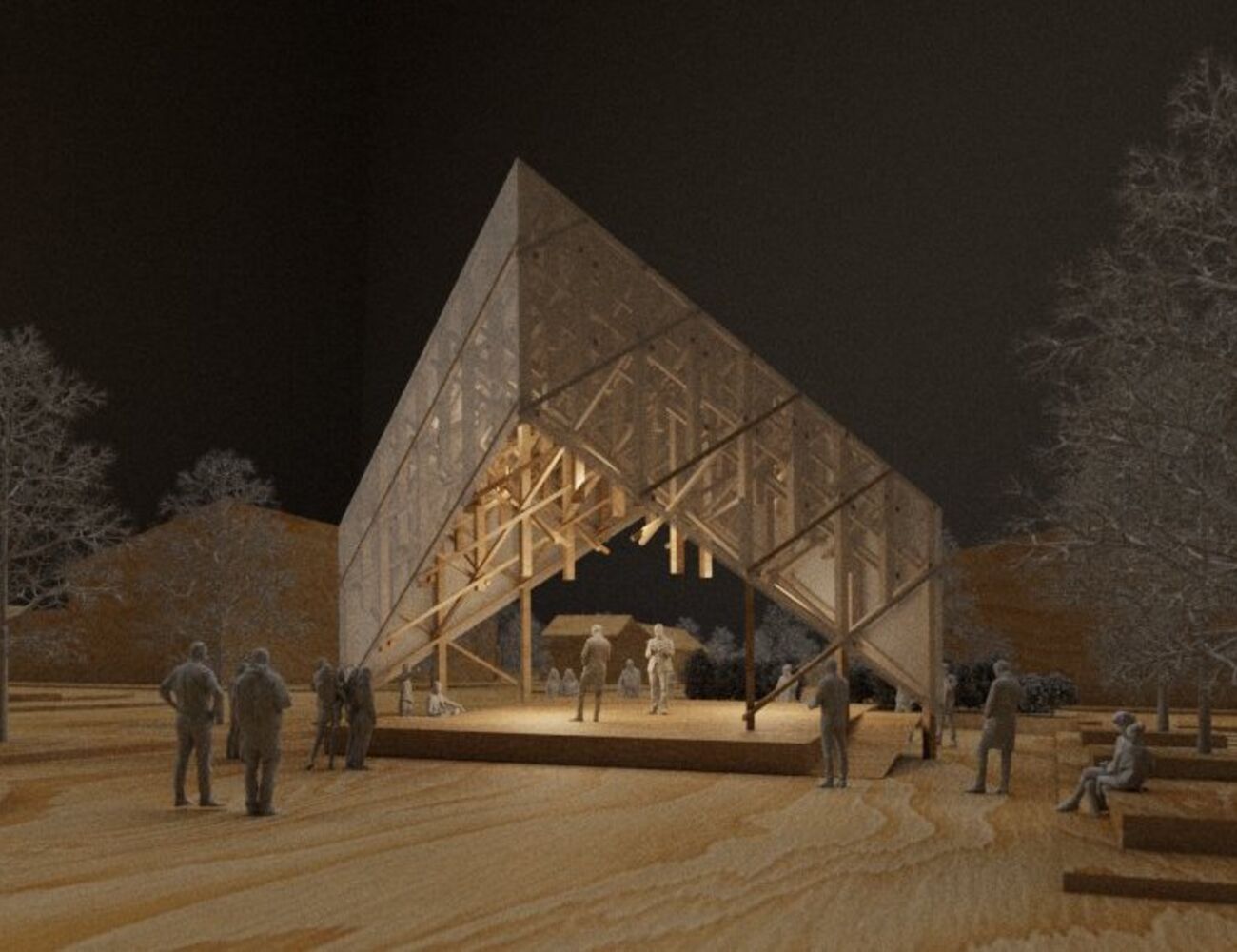 Rendered image of Kide, showing the pointed structure on the square at nighttime with people standing around and lighting inside