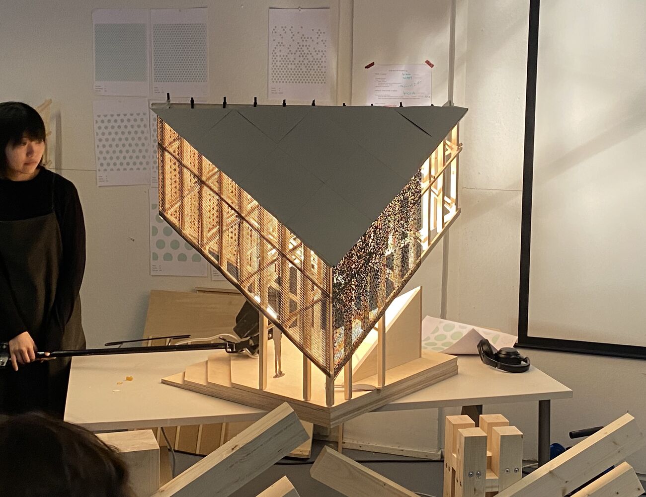 Model of structure with lights inside for testing facade transparency