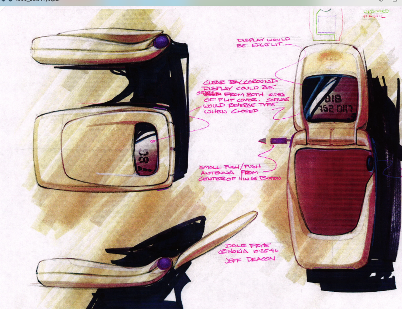 Design sketch of a flip phone showing different views and handwritten notes in pink ink.