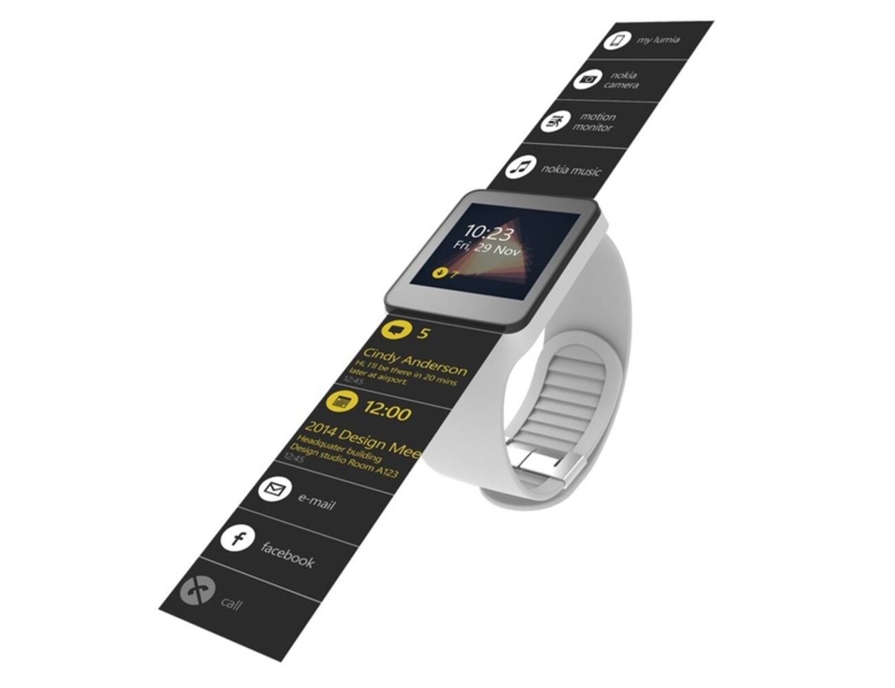 A smart watch with a black extended strap displaying various apps and notifications on the screen and strap.