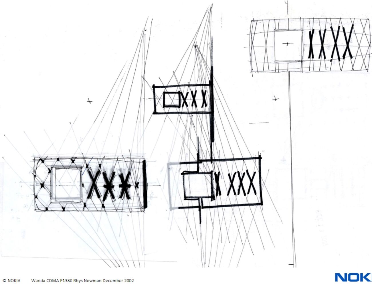 A hand-drawn Nokia design sketch showing rectangles and X-shapes with interior line structures and perspectives.
