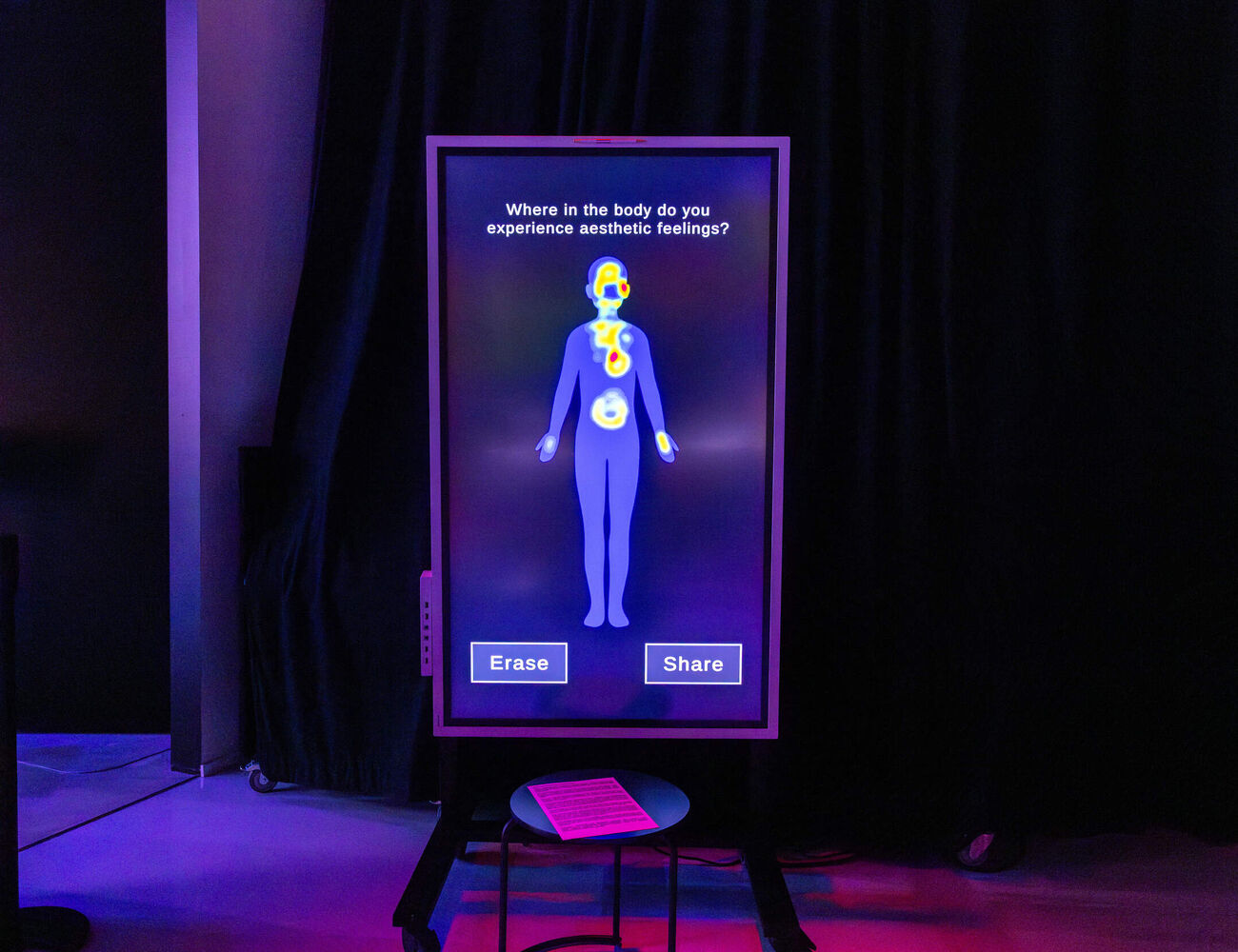 A screen displaying a human figure with marked areas of aesthetic feelings, with 'Erase' and 'Share' buttons at the bottom.