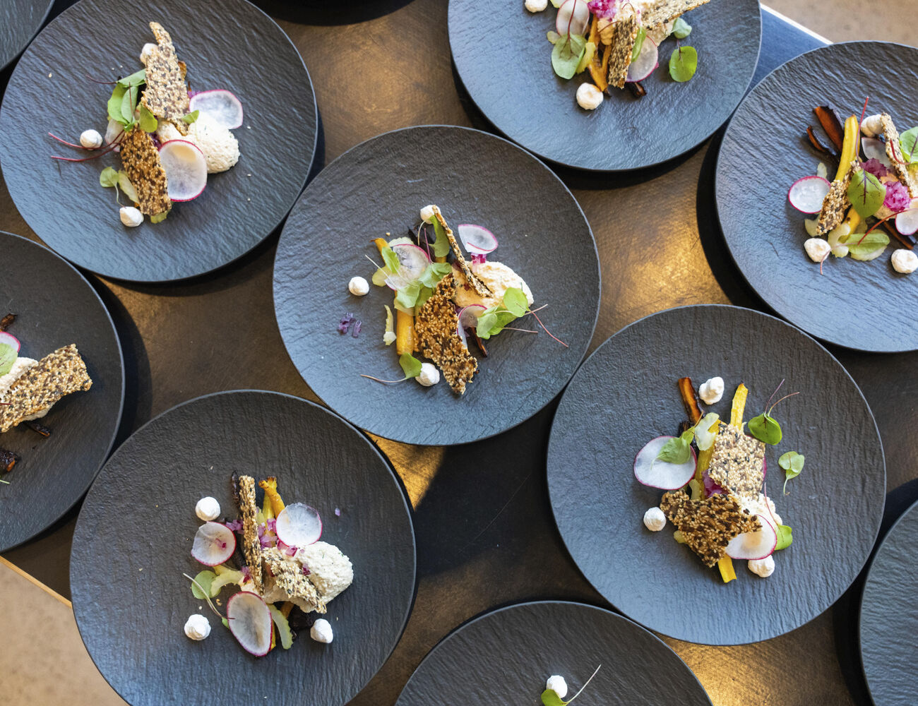 Eight black plates with gourmet appetisers. Colourful vegetables, crackers, and cream garnished with delicate greens.