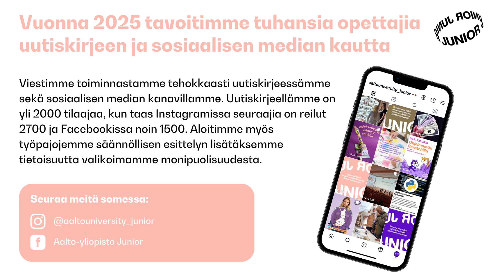 Vuonna 2025 tavoitimme tuhansia opettajia uutiskirjeen ja sosiaalisen median kautta. Seuraa meitä Instagramissa ja Facebookissa.