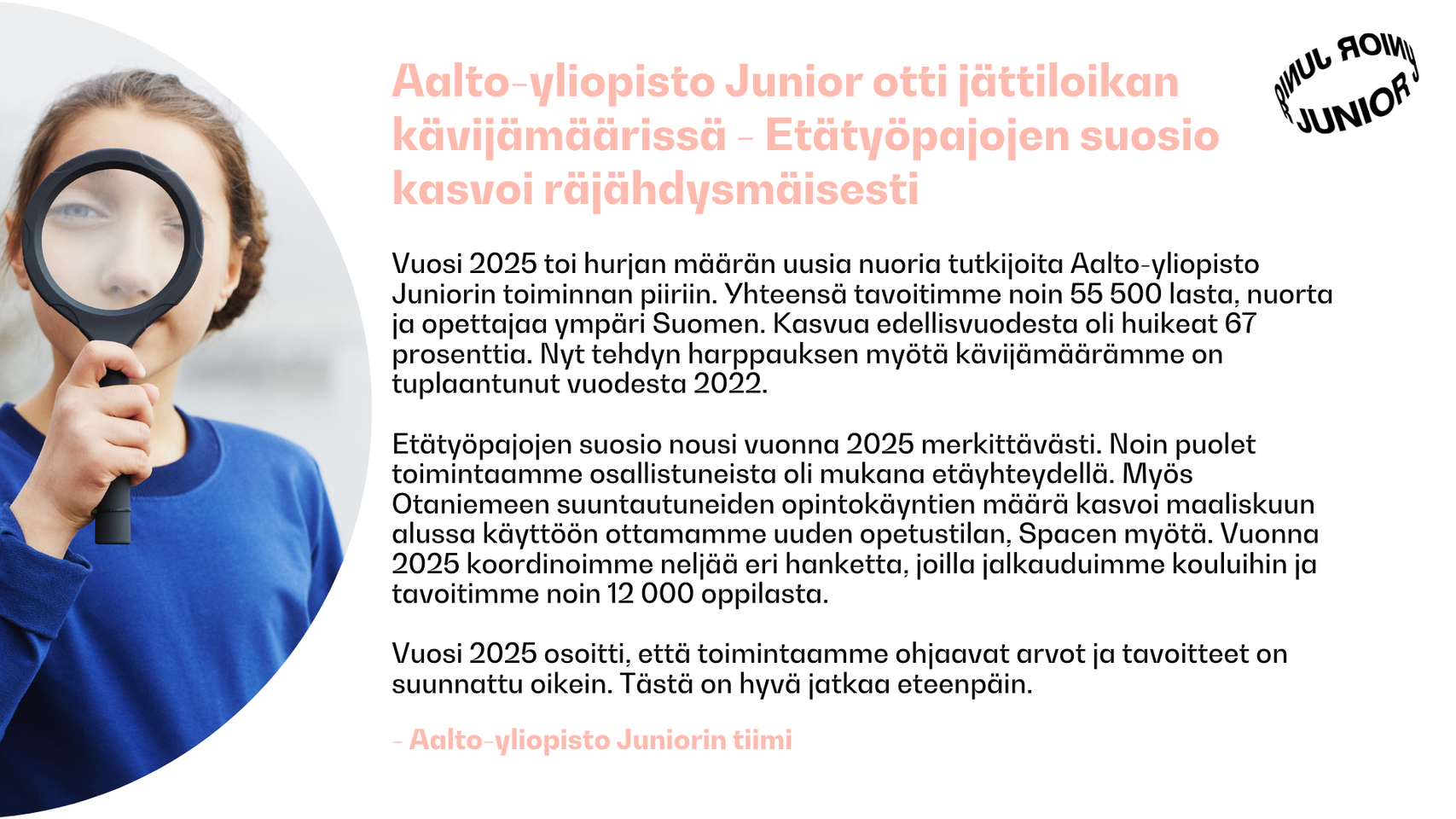 Henkilö sinisessä paidassa pitää suurennuslasia. Teksti käsittelee Aalto-yliopisto Juniorin kasvua vuonna 2025.
