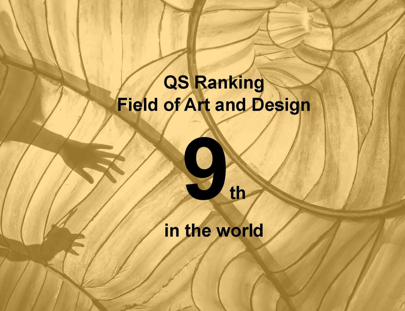 Golden abstract background with hands, text: QS Ranking Field of Art and Design 9th in the world