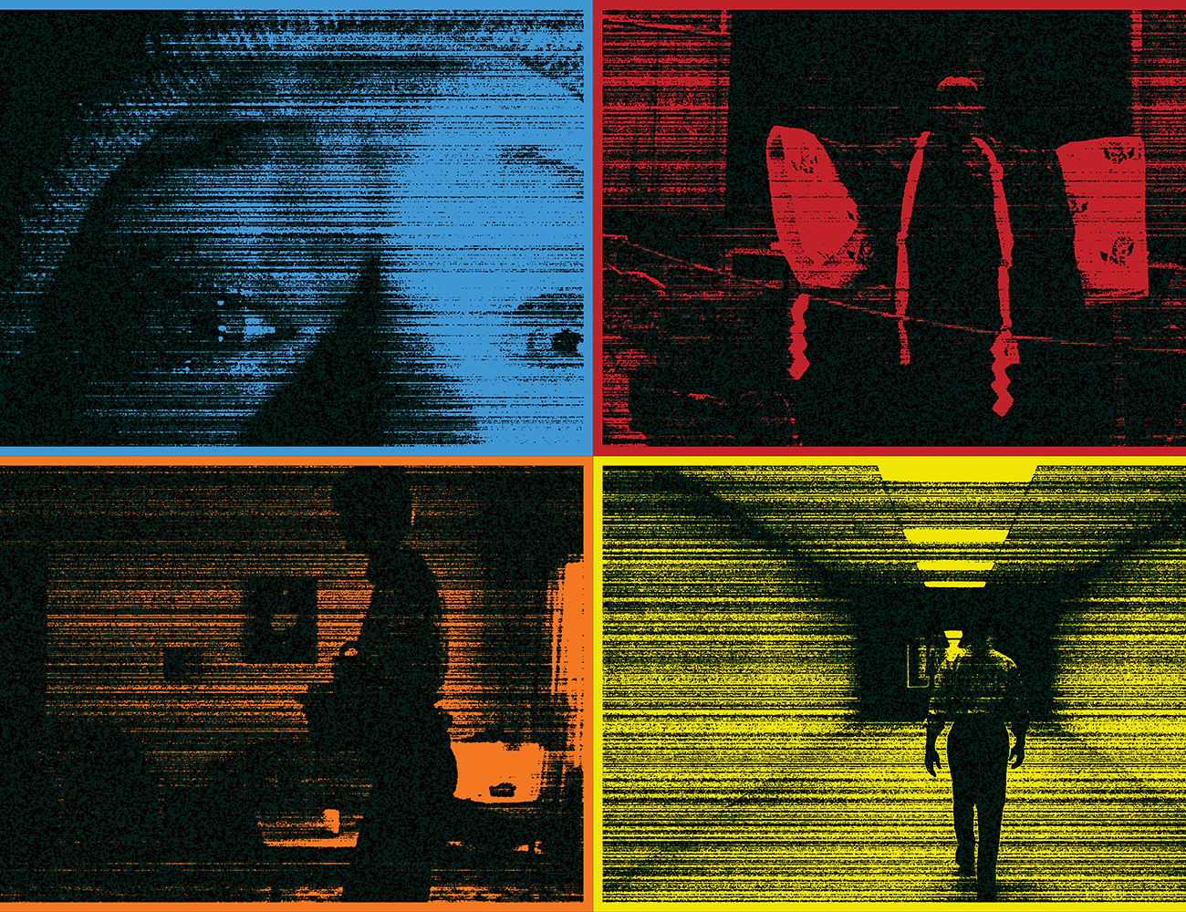 Four grainy panels show people indoors and in a tunnel, tinted blue, red, orange and yellow.