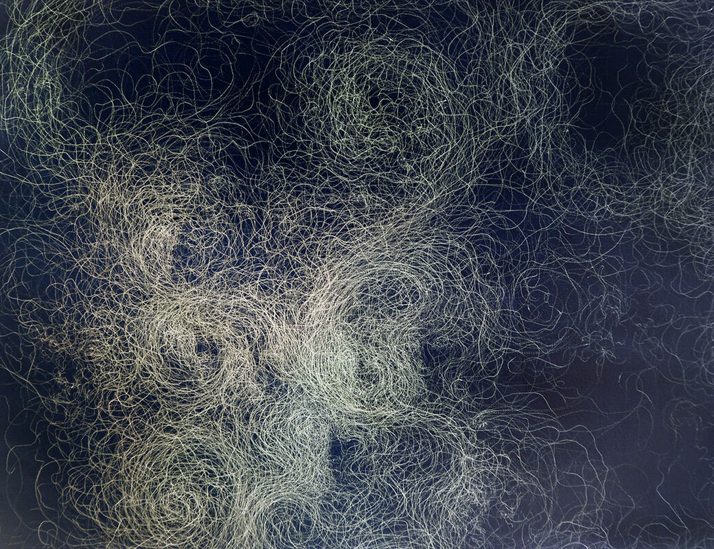 An image of fine lines drawn by the artist Mira Caselius. The lines are light on a dark background, some are concentrated, others are spread sparsely.