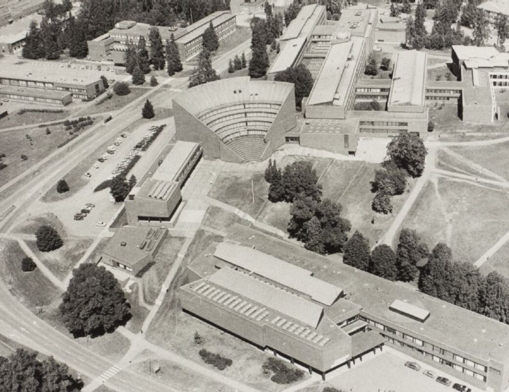 Aerial view, Archive photo in black and white of the Otaniemi campus in 1966