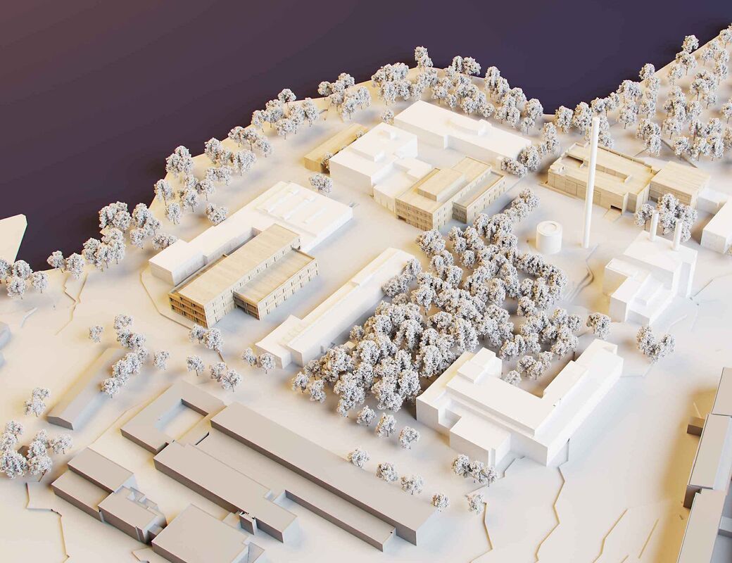 Illustration aerial image of Aalto Works block, in beige and white, with the new buildings in natural wood colour