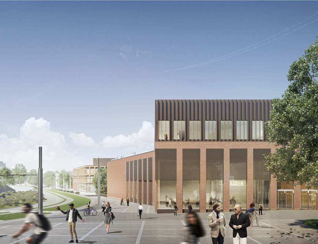 Illustration image depicting what Otakaari 2 could look like, people walking and cycling near Otakaari and Maarintie, man with sunglasses looks to the viewer, its sunny and there's an event in the corner of the building