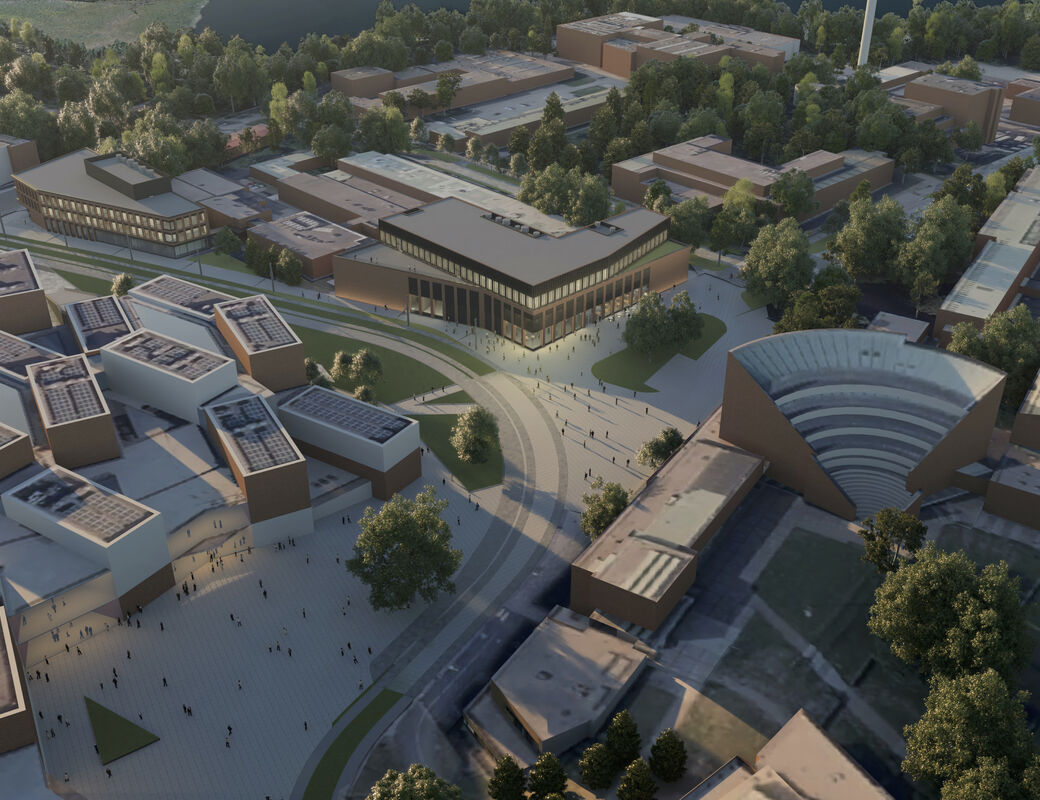 Illustration image of an aerial view over Otaniemi campus at dusk, depicting Väre, School of Business, parts of the Undergraduate Centre, Otakaari 2A and Otakaari 2B.