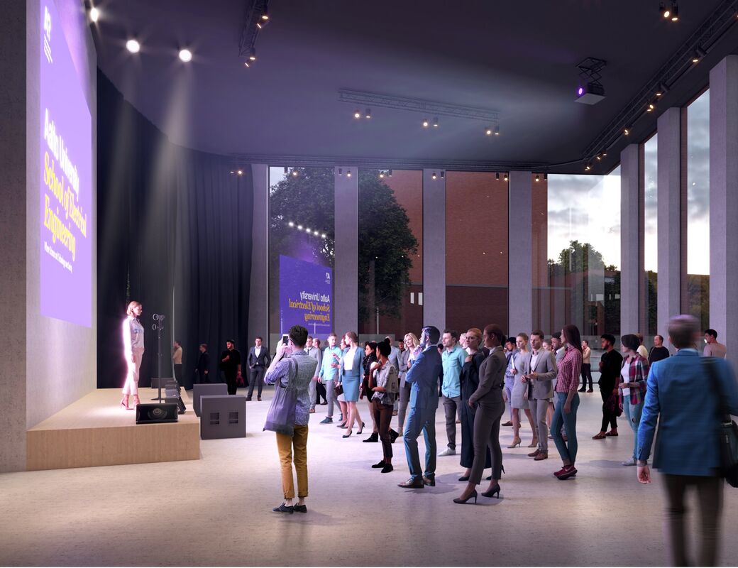 Illustration image of Otakaari 2A event lobby with a speaker in limelight on the stage on the left and a crowd with a photographer looking at the speaker