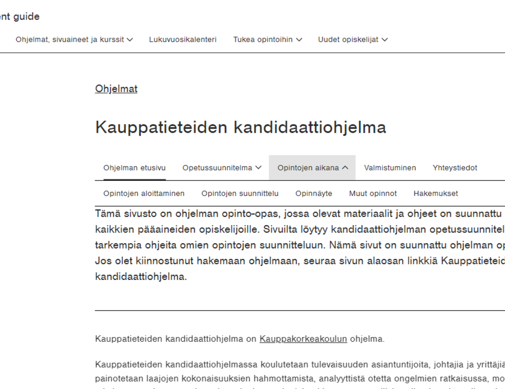 Opiskelijan oppaan ohjelmasivun navigaatio